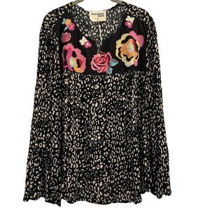Savana Jane Women's Top Plus 1X Embroidered Roses Leopard Colorful Long Sleeve